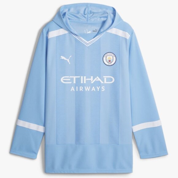 MANCHESTER CITY PUMA Winter Football Jersey Hooded Oversized Sky Blue Size L - Picture 8 of 9